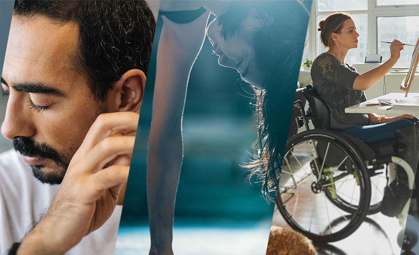 Trois images liées, présentant une personne avec les yeux fermés, une personne en équilibre sur ses mains et une personne dans un fauteuil roulant en train de peindre sur un tableau.