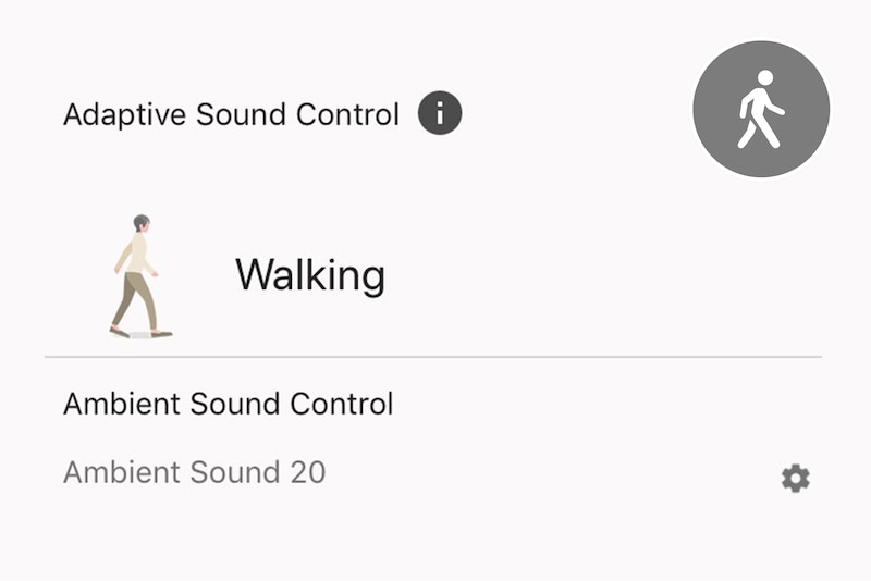 Image de l'Adaptive Sound Control avec des icônes de piéton ; fonction Ambient Sound 20 et mot « Marche » en gras